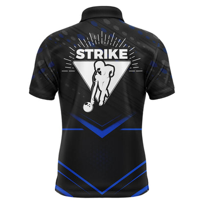 Strike Bowling Shirt for Men Personalized Bowling Jersey Blue&Black Bowling Polo Shirt BDT259