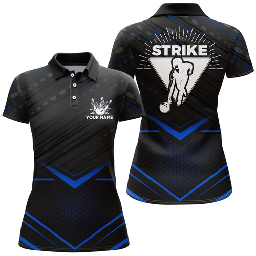 Strike Bowling Shirt for Women Personalized Bowling Jersey Blue&Black Bowling Polo Shirt BDT259