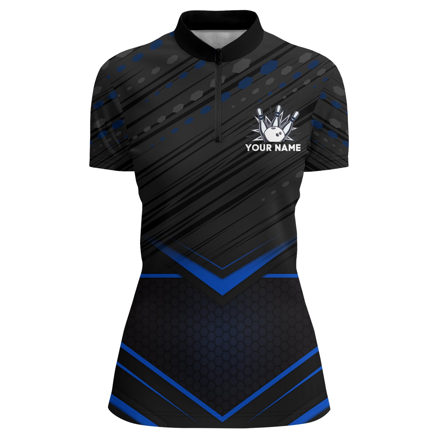 Strike Bowling Shirt for Women Personalized Bowling Jersey Blue&Black Bowling Quarter-Zip Shirt BDT259