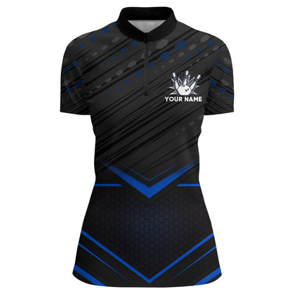 Strike Bowling Shirt for Women Personalized Bowling Jersey Blue&Black Bowling Quarter-Zip Shirt BDT259