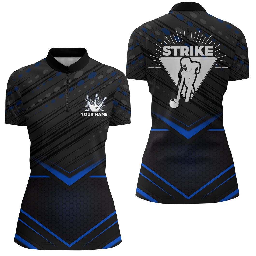 Strike Bowling Shirt for Women Personalized Bowling Jersey Blue&Black Bowling Quarter-Zip Shirt BDT259