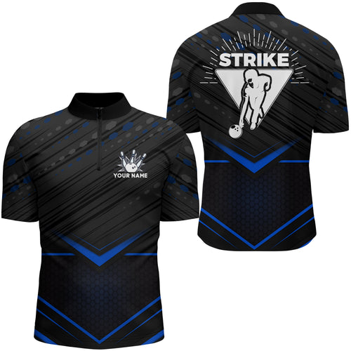 Strike Bowling Shirt for Men Personalized Bowling Jersey Blue&Black Bowling Quarter-Zip Shirt BDT259