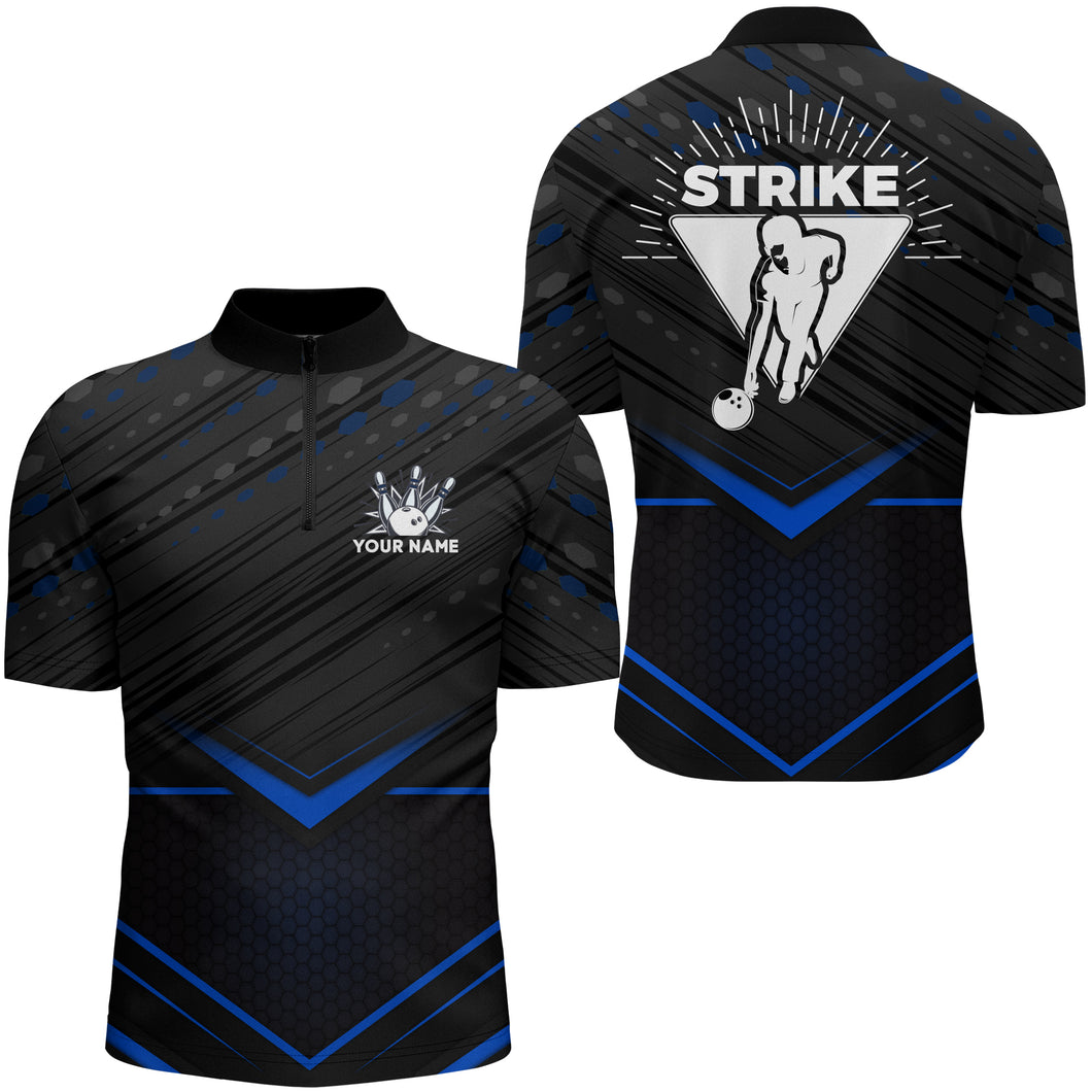 Strike Bowling Shirt for Men Personalized Bowling Jersey Blue&Black Bowling Quarter-Zip Shirt BDT259