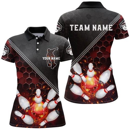 Red&Black Bowling Jersey Flame Bowling Polo Shirt For Women Custom Bowling Team Shirt BDT299