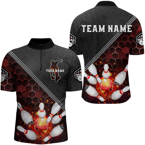 Red&Black Bowling Jersey Flame Bowling Quarter-Zip Shirt For Men Custom Bowling Team Shirt BDT299