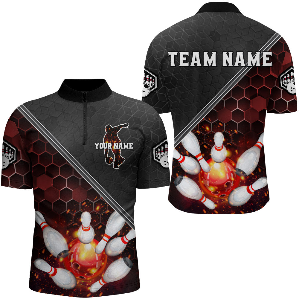 Red&Black Bowling Jersey Flame Bowling Quarter-Zip Shirt For Men Custom Bowling Team Shirt BDT299