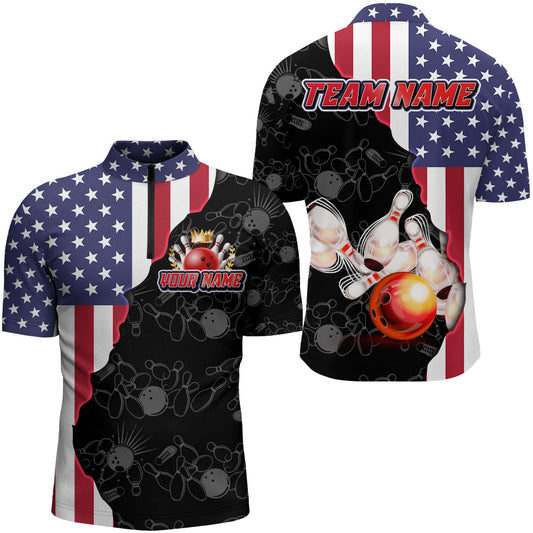 American Bowling Shirt For Men Patriotic Bowling Jersey Team League Bowling Quarter-Zip Shirt BDT313