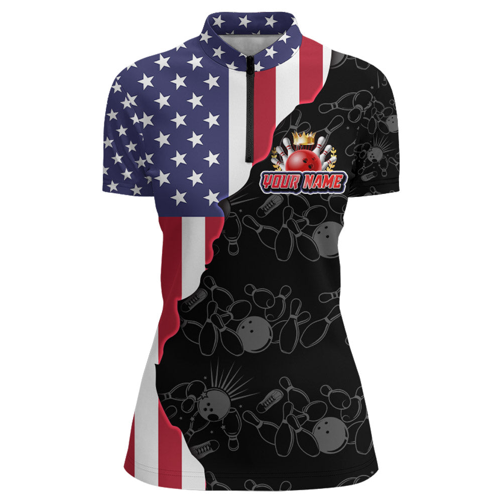 American Bowling Shirt For Women Patriotic Bowling Jersey Team League Bowling Quarter-Zip Shirt BDT313