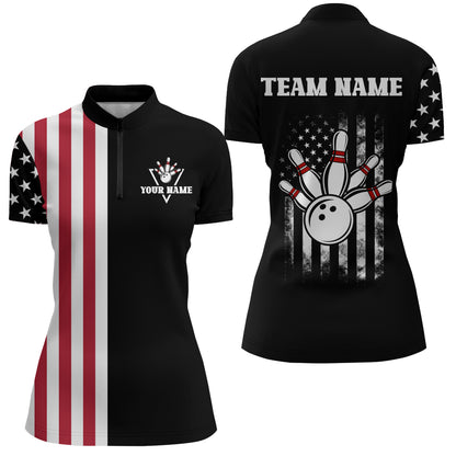 American Bowling Shirt Women Black Bowling Team League Jersey Custom Bowling Quarter-Zip Shirt BDT357