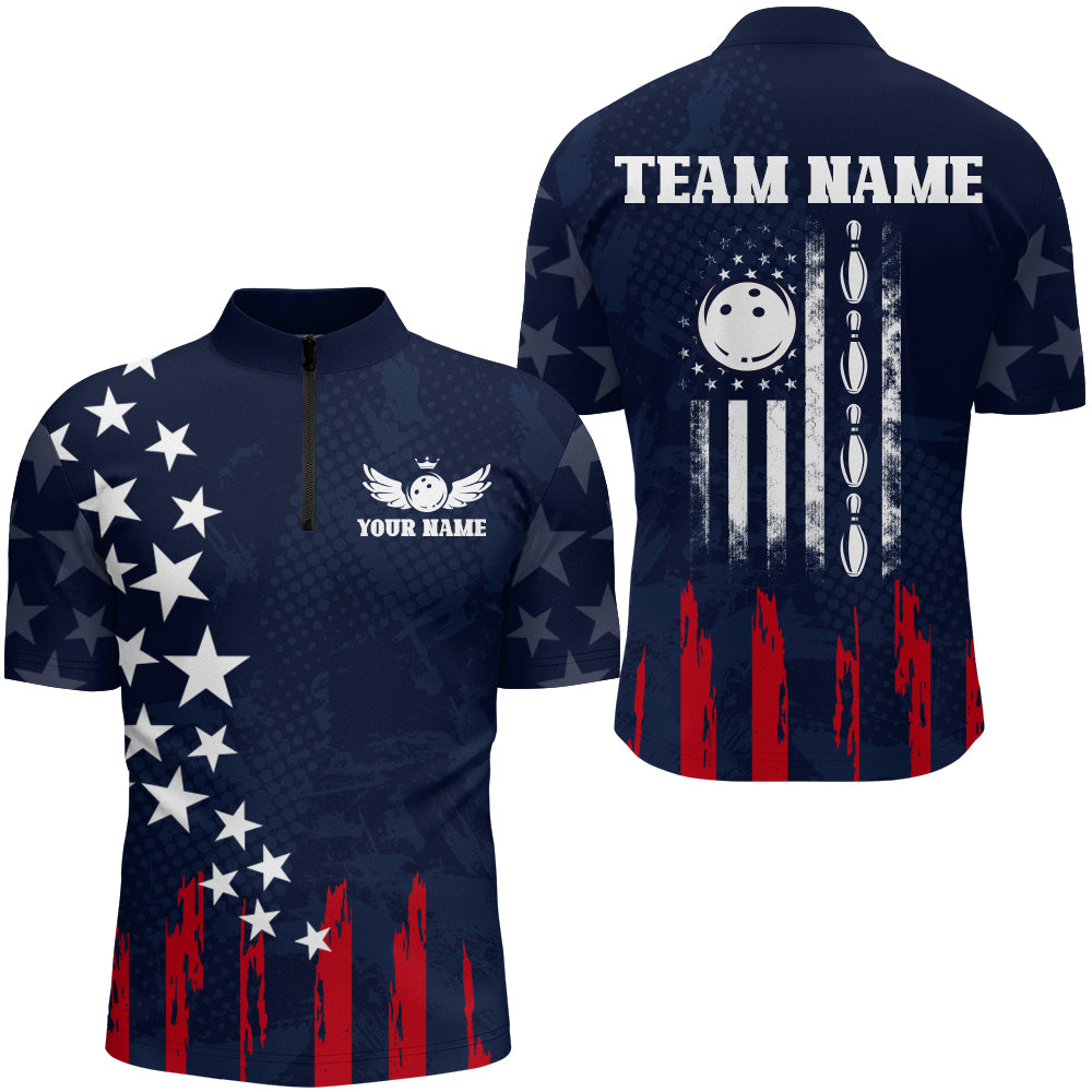 Navy Bowling Quarter-Zip Shirt Men American Bowling Team Jersey Custom Star Bowling Shirts BDT360