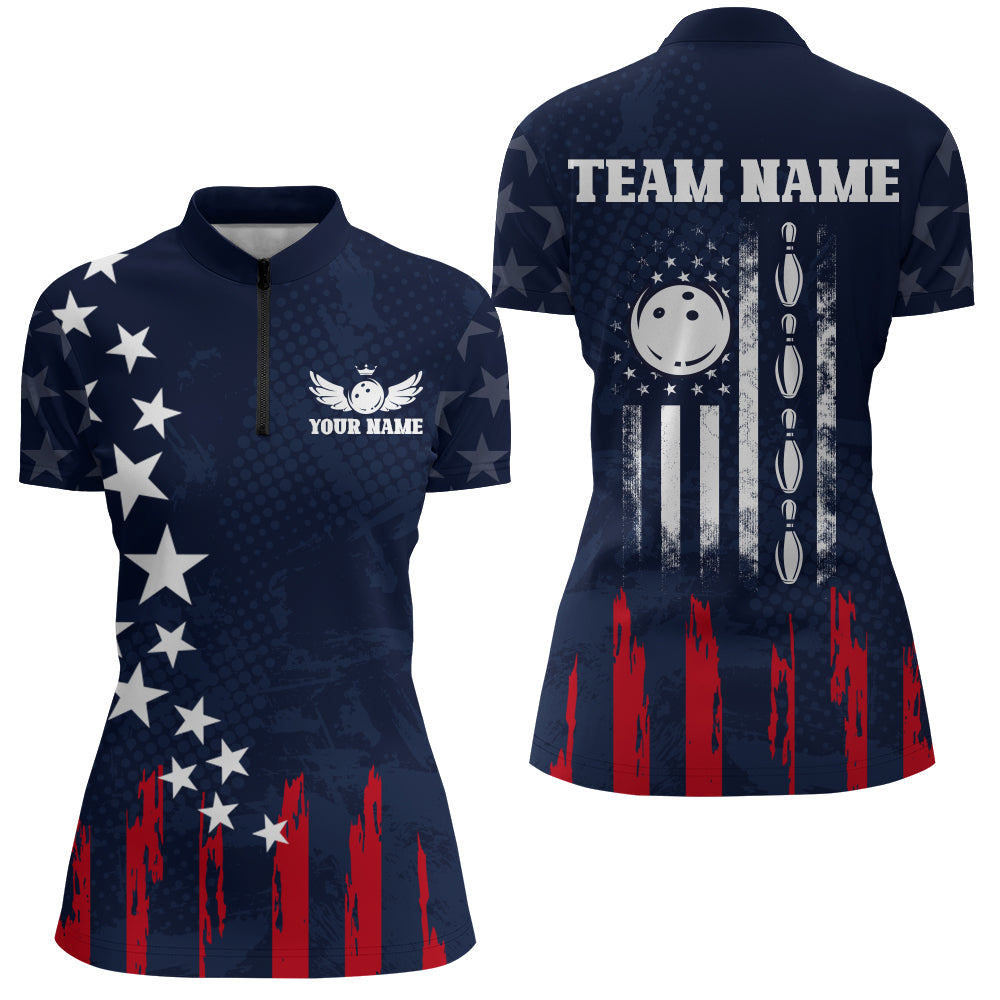 Navy Bowling Quarter-Zip Shirt Women American Bowling Team Jersey Custom Star Bowling Shirts BDT360