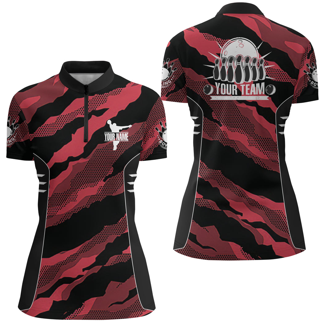 Red Camo Bowling Jersey For Women Custom Bowling Team Shirt Bowling Quarter-Zip Shirt BDT251