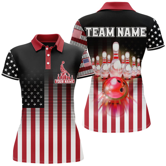 American Bowling Jersey Women Custom Black Bowling Polo Shirt Team Patriot Bowling Shirt BDT317