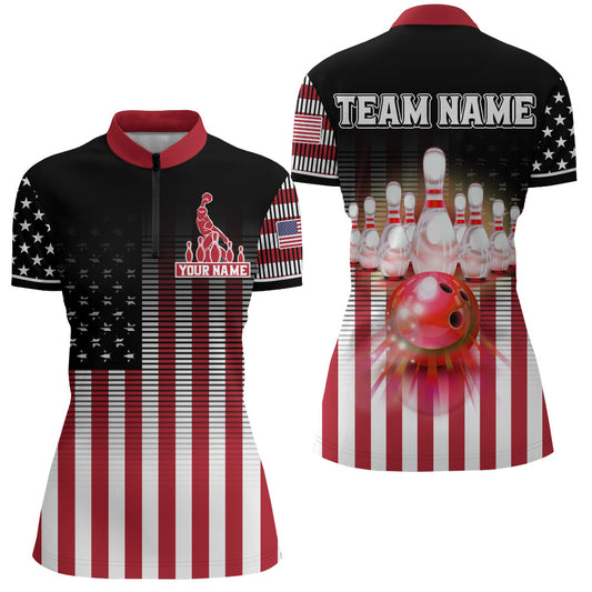 American Bowling Jersey Women Custom Black Bowling Quarter-Zip Shirt Team Patriot Bowling Shirt BDT317