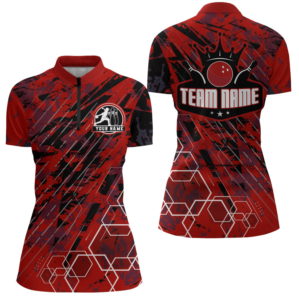 Custom Black&Red Bowling Shirt For Women Personalized Bowling Team Jersey Bowling 1/4 Zip Shirt BDT323