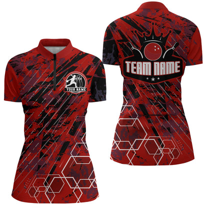 Custom Black&Red Bowling Shirt For Women Personalized Bowling Team Jersey Bowling 1/4 Zip Shirt BDT323