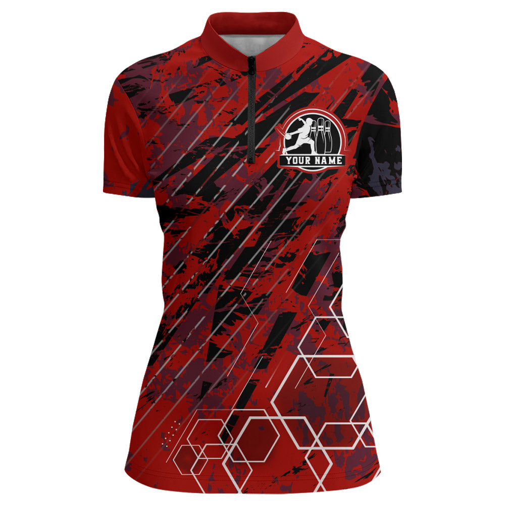 Custom Black&Red Bowling Shirt For Women Personalized Bowling Team Jersey Bowling 1/4 Zip Shirt BDT323