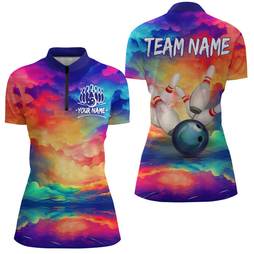 Rainbow Bowling Quarter-Zip Shirt For Women Custom Bowling Jersey Bowling Team Shirts BDT254