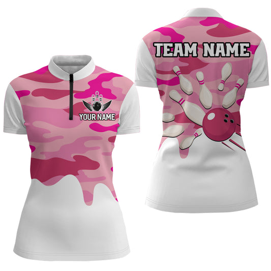 Pink Camo Bowling Jersey Men Women Bowling Team Jersey Custom Bowling 1/4 Zip Shirts Unisex BDT593