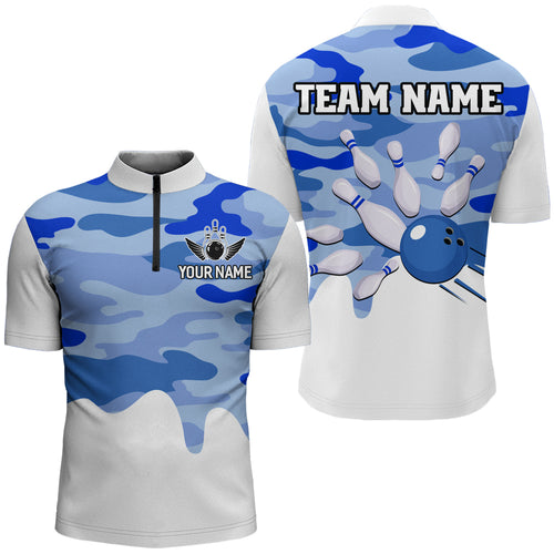 Blue Camo Bowling Jersey Men Women Bowling Team Jersey Custom Bowling 1/4 Zip Shirts Unisex BDT593