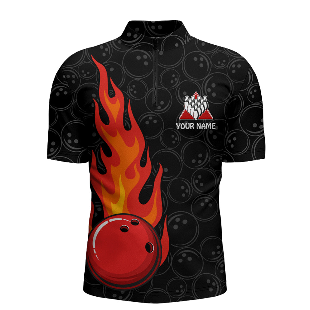 Strike Flame Bowling Shirt for Men Custom Black Bowling Jersey Team Bowling Quarter-Zip Shirt BDT257