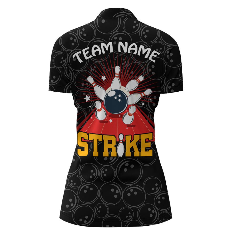 Strike Flame Bowling Shirt Women Custom Black Bowling Jersey Team Bowling Quarter-Zip Shirt BDT257