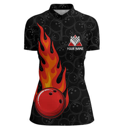 Strike Flame Bowling Shirt Women Custom Black Bowling Jersey Team Bowling Quarter-Zip Shirt BDT257