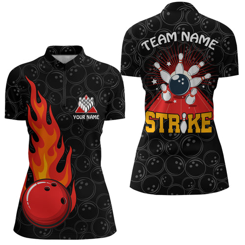 Strike Flame Bowling Shirt Women Custom Black Bowling Jersey Team Bowling Quarter-Zip Shirt BDT257