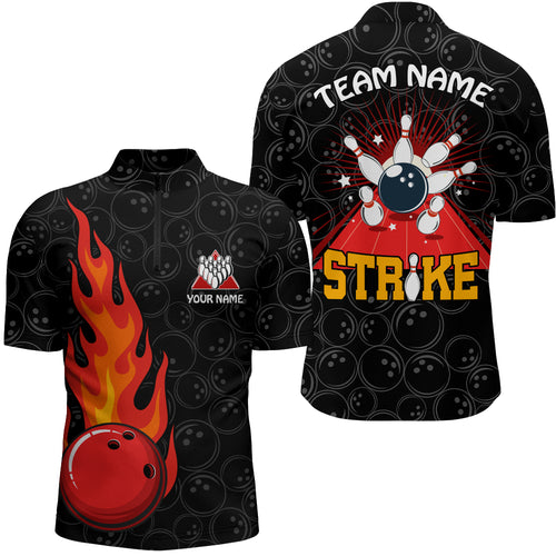 Strike Flame Bowling Shirt for Men Custom Black Bowling Jersey Team Bowling Quarter-Zip Shirt BDT257