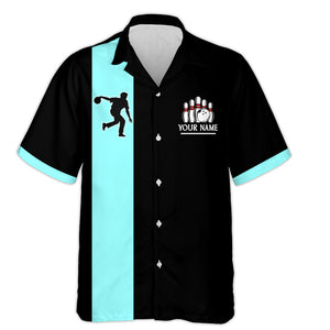 Black&Ice Blue Bowling Shirt For Men & Women Custom Retro Bowling Jersey Hawaiian Bowling League Shirt BDT534