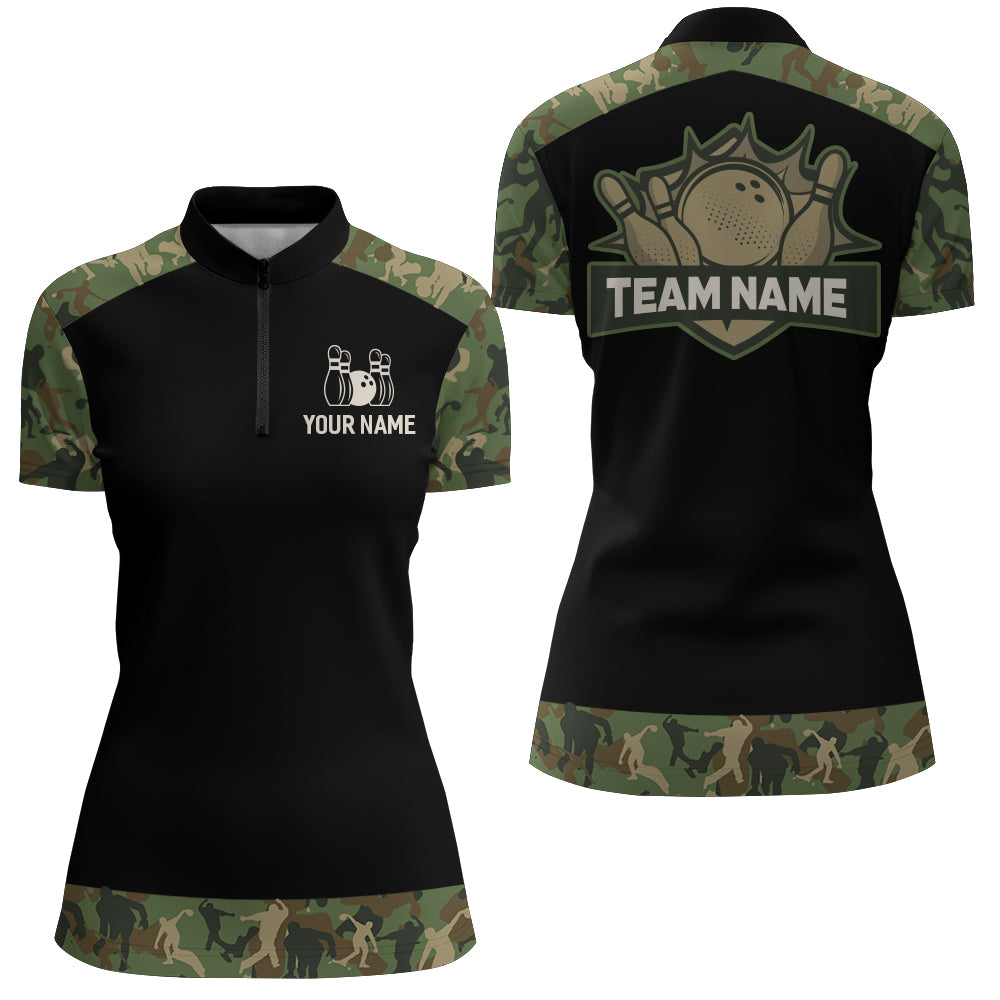 Green Camo Bowling Shirts For Men And Women Custom Bowling Team Jersey Unisex Quarter-Zip BDT598