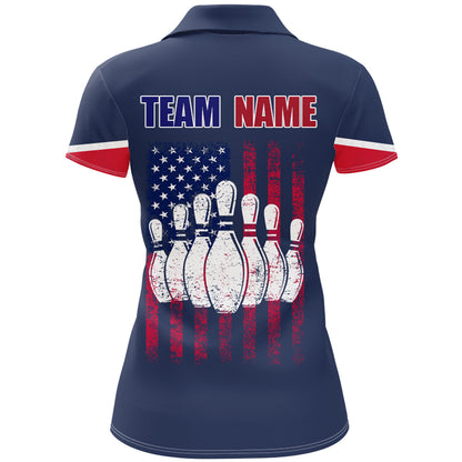 Navy Bowling Polo Shirt For Women Custom American Bowling Team Jersey Patriot Bowling Shirt BDT318