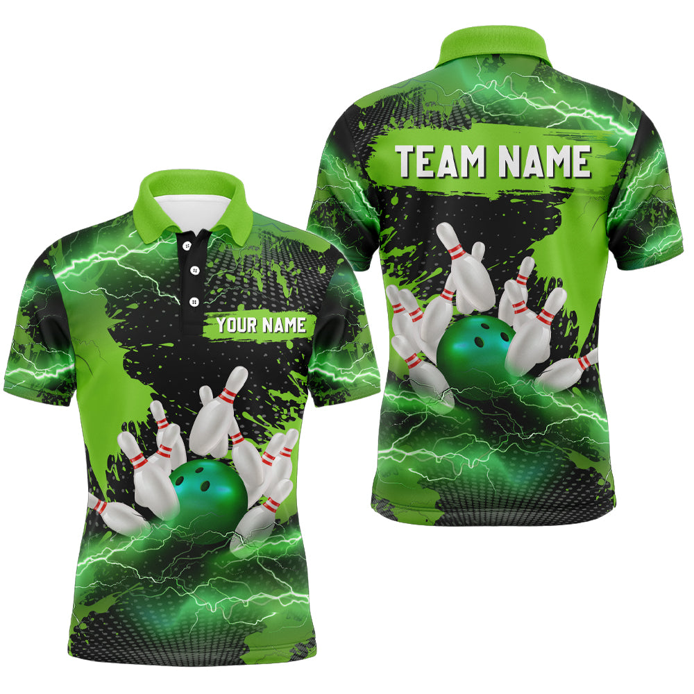 Custom Green Bowling Polo Shirts for Men & Women Lightning Thunder Bowling Team Jerseys BDT455