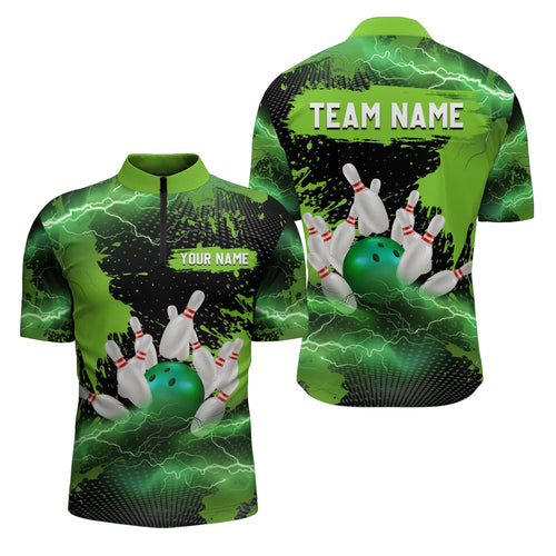 Custom Green Bowling Quarter-Zip Shirts Men & Women Lightning Thunder Bowling Team Jerseys BDT455