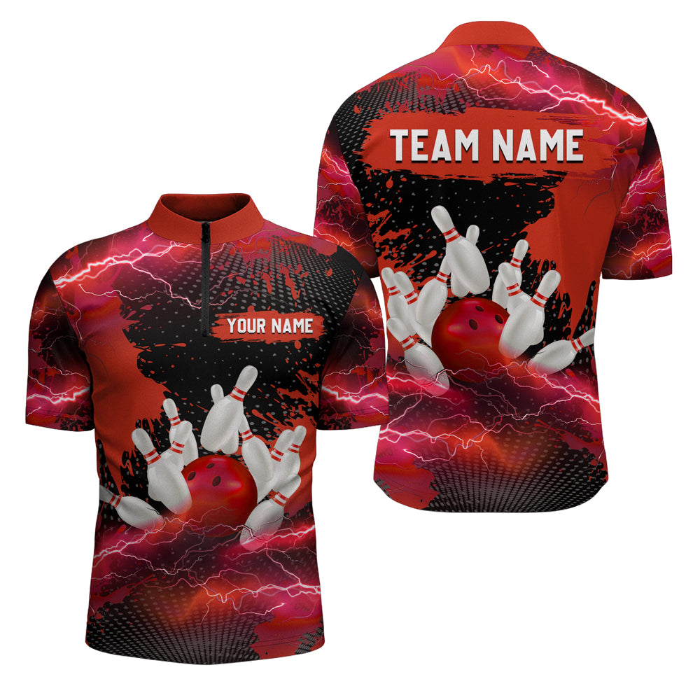 Custom Red Bowling Quarter-Zip Shirts Men & Women Lightning Thunder Bowling Team Jerseys BDT455