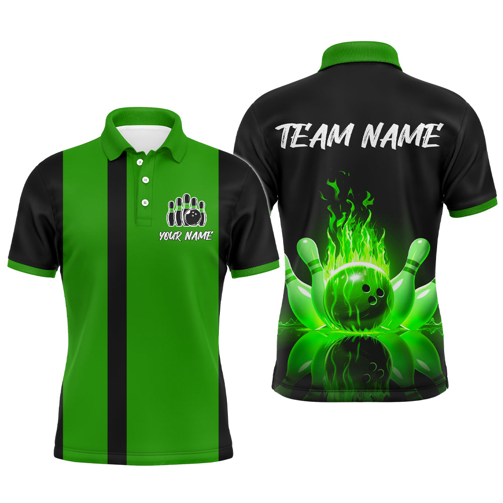 Green Flame Bowling Shirt for Men & Women Custom Bowling Jersey Team League Bowling Polo BDT547