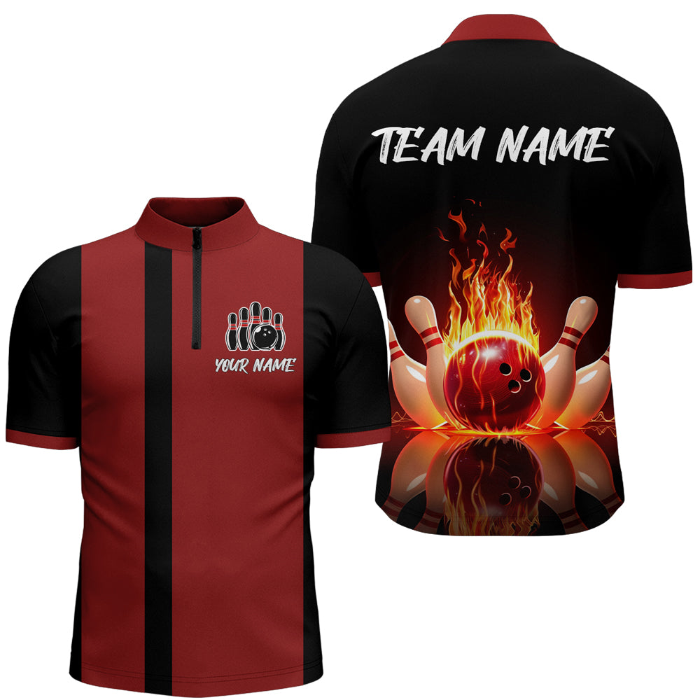 Red Flame Bowling Shirt for Men & Women Custom Bowling Jersey Team League Bowling 1/4 Zip BDT547
