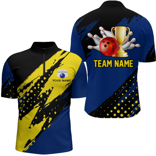 Custom Bowling Quarter-Zip Shirt For Men Black&Blue Bowling Jersey Bowling League Shirt For Team BDT154