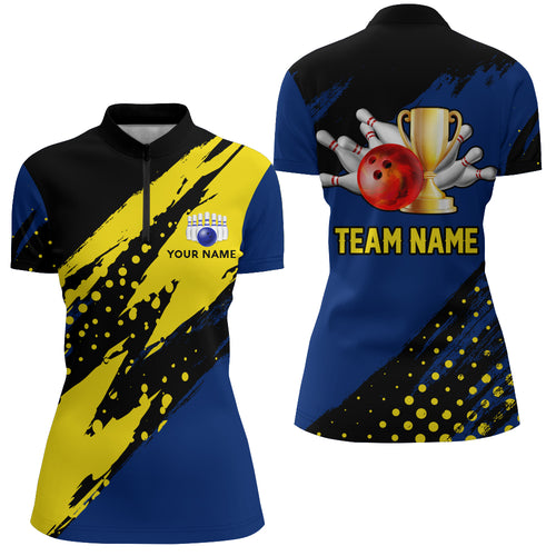 Custom Bowling Quarter-Zip Shirt For Women Black&Blue Bowling Jersey Bowling League Shirt For Team BDT155