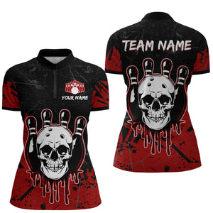 Red Skull Bowling Jersey for Men & Women Custom 1/4 Zip Bowling Shirt Team Halloween Shirt BDT552