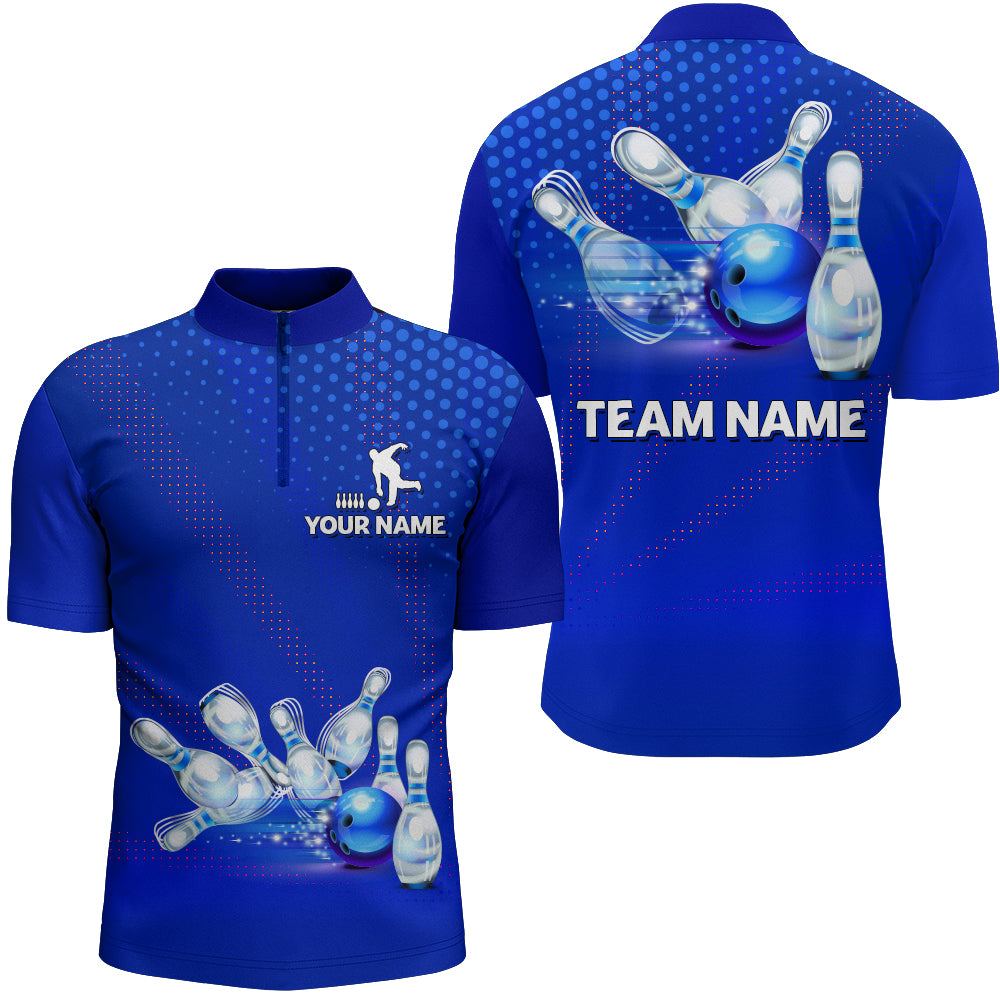 Blue Bowling Quarter-Zip Shirts For Men 3D Bowling Team League Jersey Custom Bowling Shirts BDT242