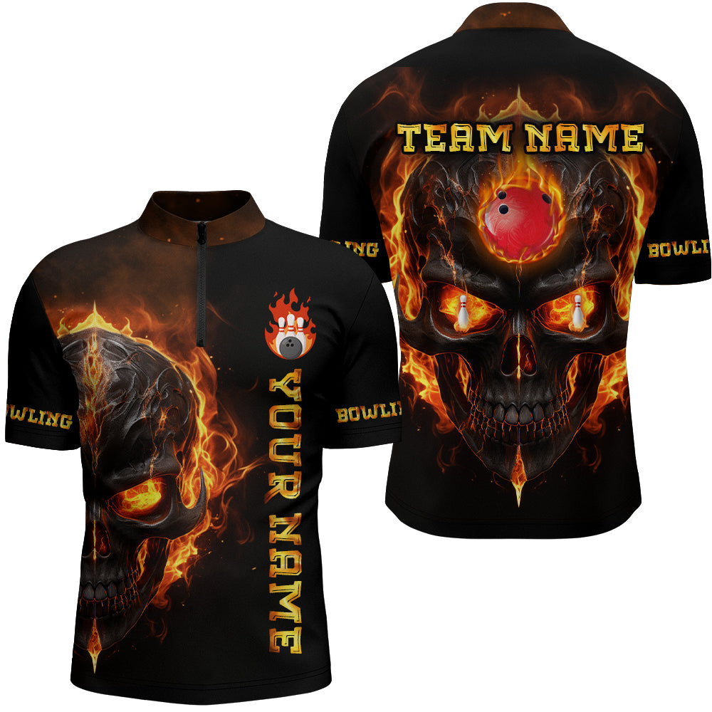 Skull Bowling Shirt For Men Flame Bowling Team League Jersey Custom Bowling 1/4 Zip Shirt BDT333