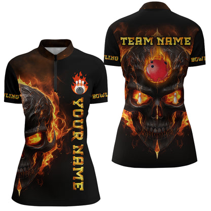 Skull Bowling Shirt For Women Flame Bowling Team League Jersey Custom Bowling 1/4 Zip Shirt BDT333