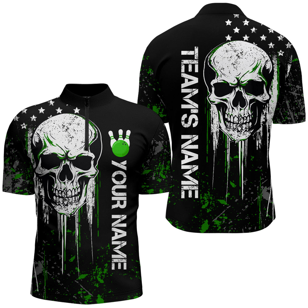 Green Skull Bowling Shirts Men & Women Custom Halloween Bowling Jersey Team 1/4 Zip BDT554