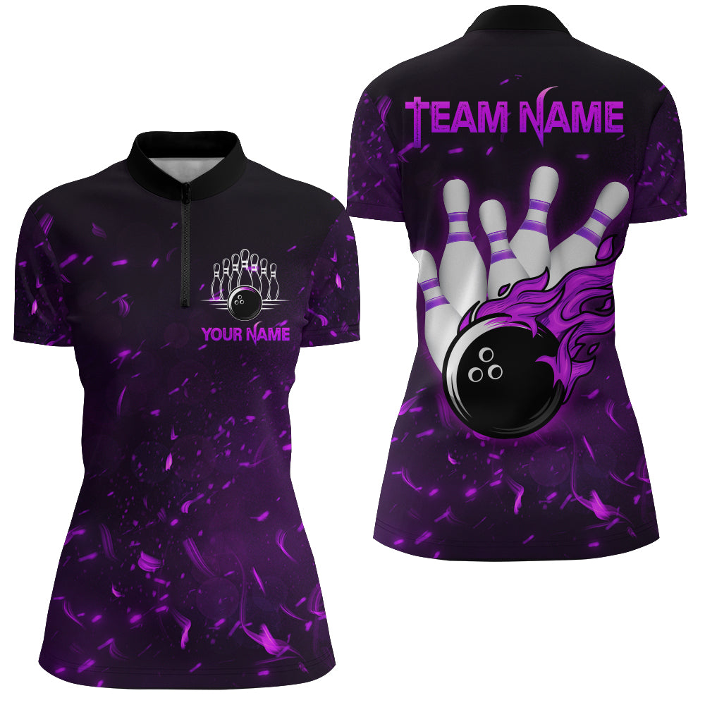Personalized Purple Bowling Jersey Men Women Flame Bowling Quarter-Zip Shirt Bowling Shirt BDT424