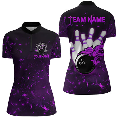 Personalized Purple Bowling Jersey Men Women Flame Bowling Quarter-Zip Shirt Bowling Shirt BDT424