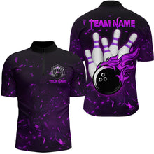 Load image into Gallery viewer, Personalized Purple Bowling Jersey Men Women Flame Bowling Quarter-Zip Shirt Bowling Shirt BDT424