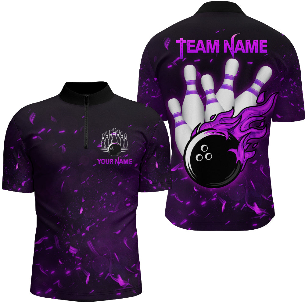 Personalized Purple Bowling Jersey Men Women Flame Bowling Quarter-Zip Shirt Bowling Shirt BDT424