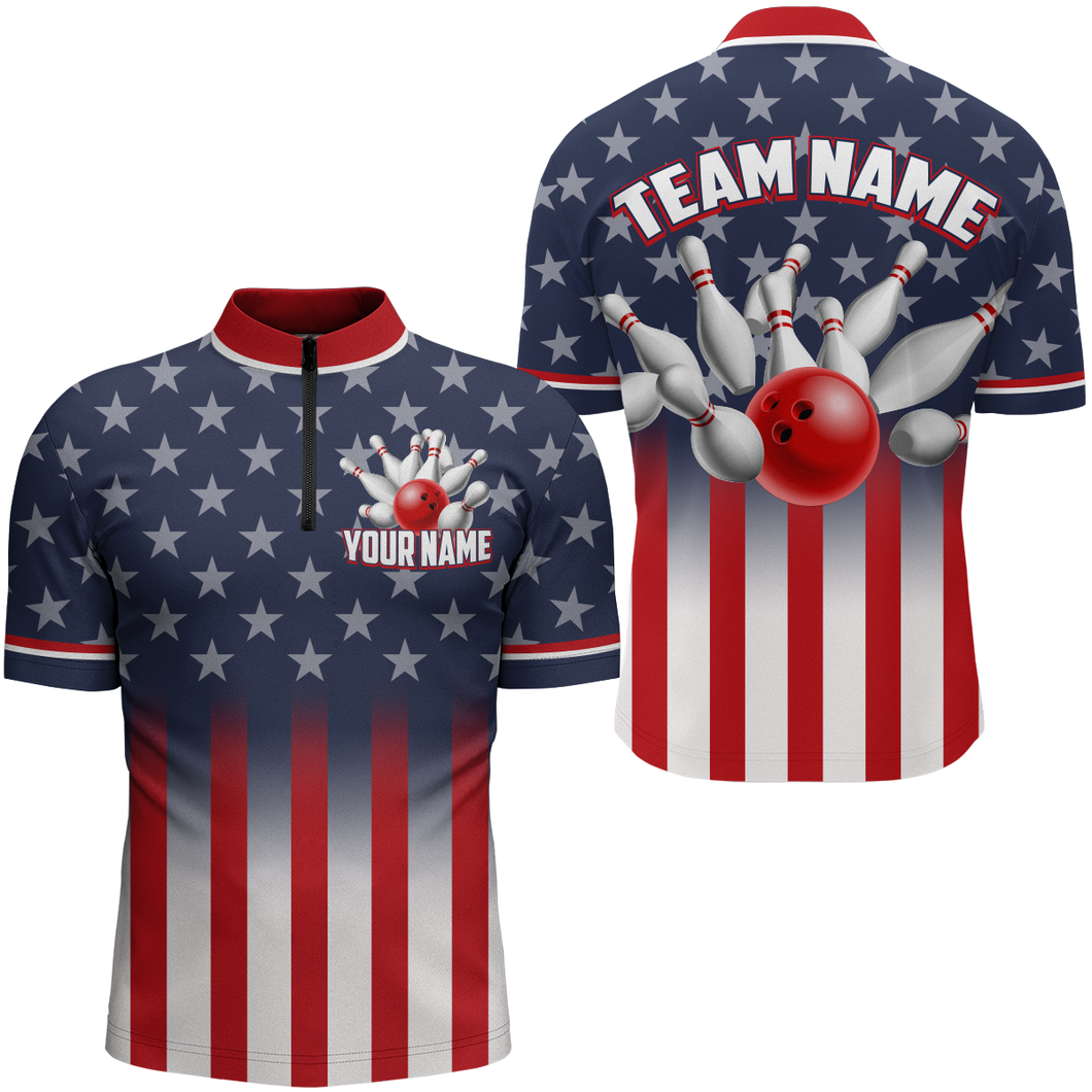 Custom American Flag Bowling Shirt For Men & Women 1/4 Bowling Team Jersey Patriotic BDT480