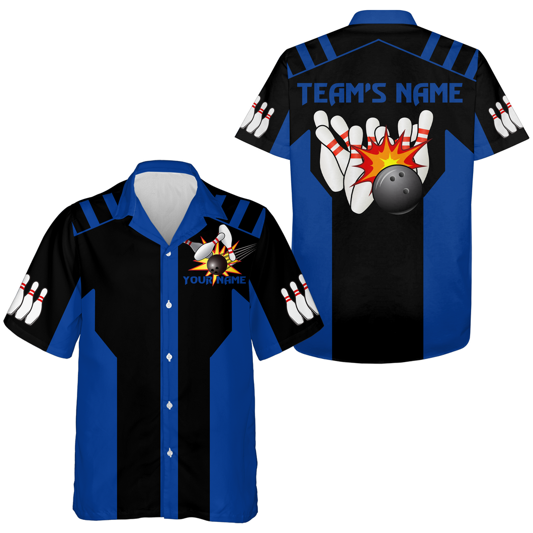 Black&Blue Bowling Shirt For Men & Women Custom Retro Bowling Jersey Hawaiian Bowling League Shirt BDT351